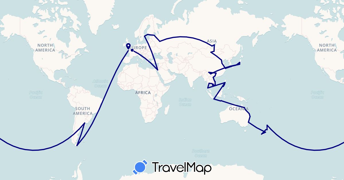 TravelMap itinerary: driving in Argentina, Australia, China, Finland, France, Indonesia, Israel, Japan, Cambodia, Mongolia, New Zealand, Philippines, Russia, Sweden, Thailand, Vietnam (Asia, Europe, Oceania, South America)